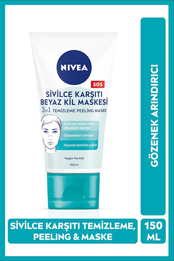 3in1 Sivilce Karşıtı Beyaz Kil Maskesi 150ml, Temizleyici, Peeling, Maske, Gözenek Arındırıcı