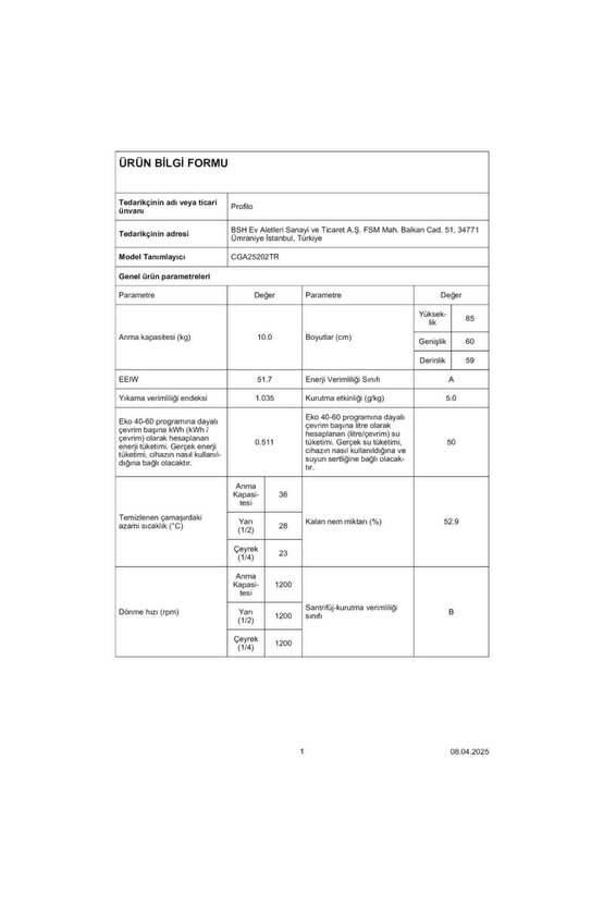 CGA25202TR A Enerji Sınıfı 10 kg 1200 Devir Çamaşır Makinesi