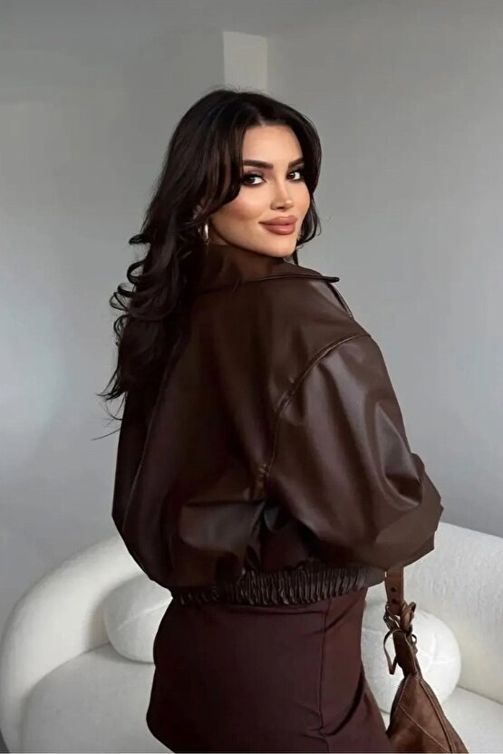 Yakalı Suni Deri Bomber Ceket