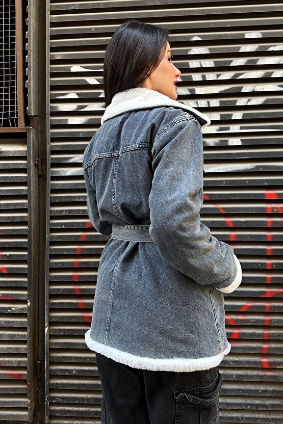 Kadın İçi Kürklü Kot Mont - Kuşaklı, Kışlık Denim Ceket