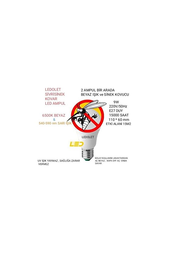 Sivri ve Kara Sinek Kovucu, Çok Kaliteli 8 Watt Led Ampul, İki Fonksiyonlu Sinek Savar Led Ampul