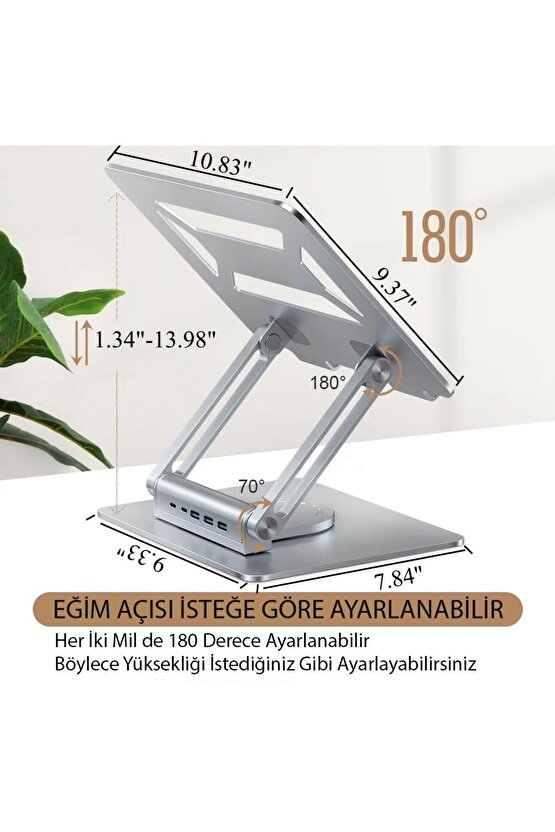 Alüminyum Metal Laptop Standı 360° Döner USB Type-C PD Şarj 2-USB 3.0 Portlu Ergonomik & Şık Tasarım