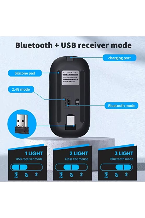 LEN TAB PLUS 11.5 TB351UF Tablet İçin Uyumlu RGB LED Işıklı Bluetooth+2.4Ghz Kablosuz Şarjlı Mouse