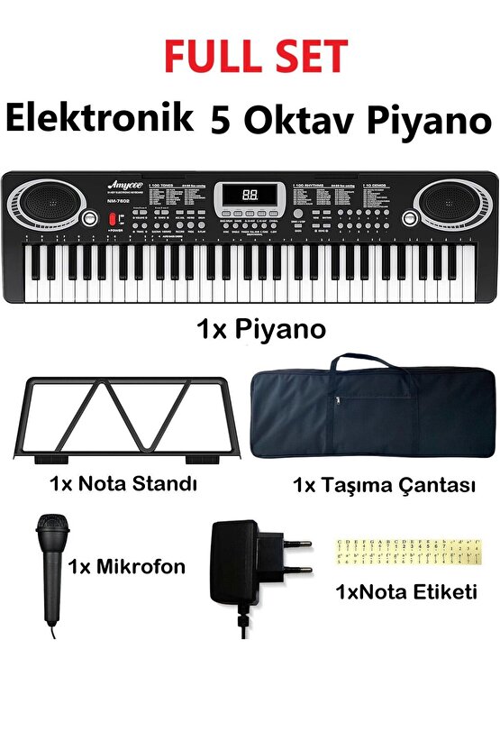 Piyano 61 Tuşlu 5 Oktav Org 100 Ses+100 Ritim Eğitim İçin Mikrofon+ Nota Standı+Taşıma Çatası HEDİYE