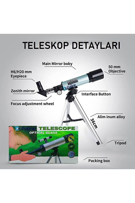 Teleskop Tripodlu 50mm 90X Yakınlaştırma Eğitici Astronomik Uzay Doğa Ay Gözlem Teleskob+Ay Filtresi