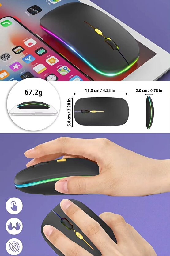 iPad Pro M4 13 2024 Tablet İçin RGB LED Işıklı Bluetooth+2.4Ghz Kablosuz Sessiz Şarjlı Mouse