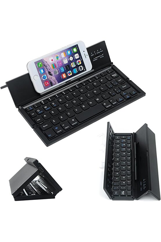 Bluetooth Klavye Kablosuz Mini Şarjlı Telefon Tablet İçin Klavye Kendinden Standlı Katlanır Taşınır