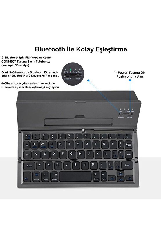 Bluetooth Klavye Kablosuz Mini Şarjlı Telefon Tablet İçin Klavye Kendinden Standlı Katlanır Taşınır