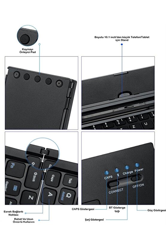 Yeni Nesil Bluetooth Tablet Klavyesi Kablosuz Mini Şarjlı Klavye Kendinden Standlı Katlanır Taşınır