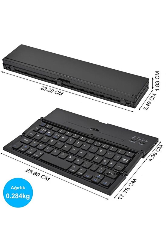 Kablosuz Mini Klavye, Standlı Katlanabilir Şarj Edilebilir Bluetooth Klavye Tablet  Telefon Uyumlu