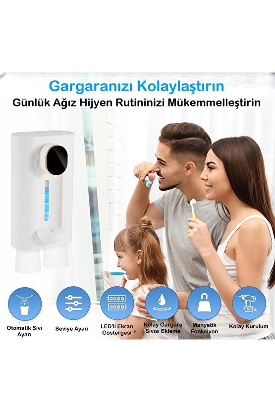 Otomatik Ağız Bakım Suyu Gargara Dispanseri 3 Modlu Şarjlı 540ml Kapasiteli 2 Manyetik Bardak