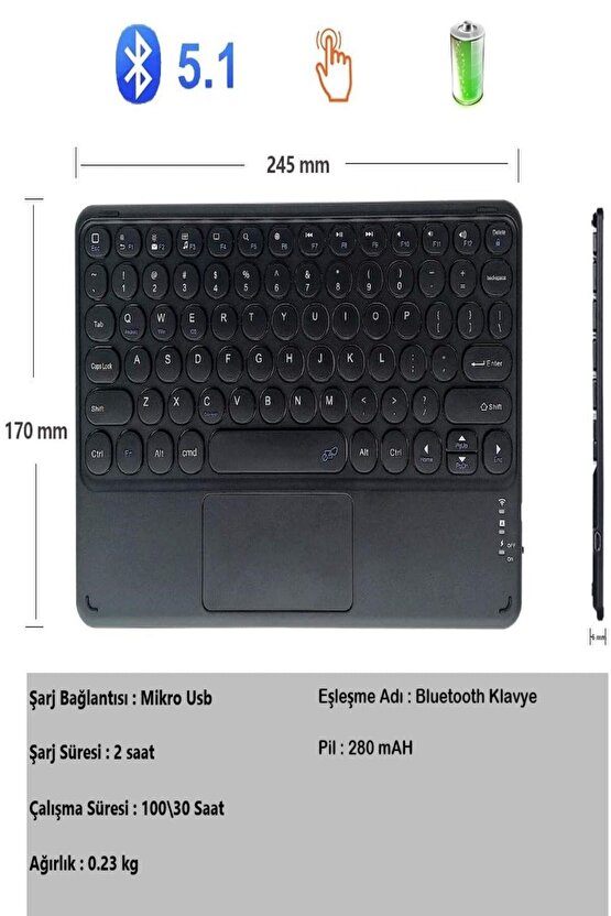 Samsung tab A9+ Plus sx-210 11 Tablet Uyumlu Şarjlı Touchpadli Yuvarlak Tuş RGB Bluetooth Klavye