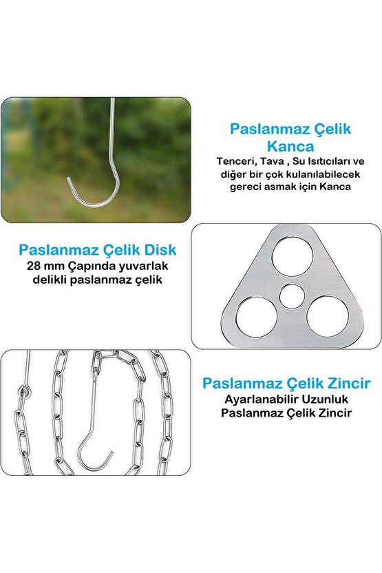 Paslanmaz Çelik Askı Kamp Tripodu Üç Ayaklı Halka, Zincirli ve Kancalı Kamp Tencere Askı Aparatı