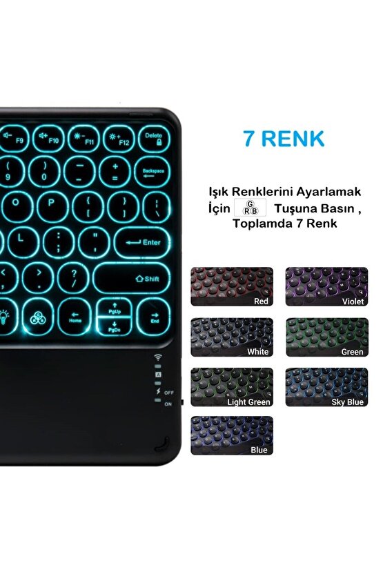 Lenovo Tab M10 (3.Nesil) TB328FU Tablet Uyumlu Şarjlı Touchpadli Yuvarlak Tuş RGB Bluetooth Klavye