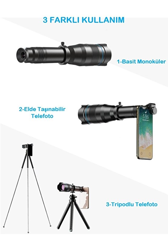 Profesyonel 60X Ultra Hd Zoom Optik Lens Teleskop Monoküler Teleskop Dürbün Tripod +Telefon Klipsi