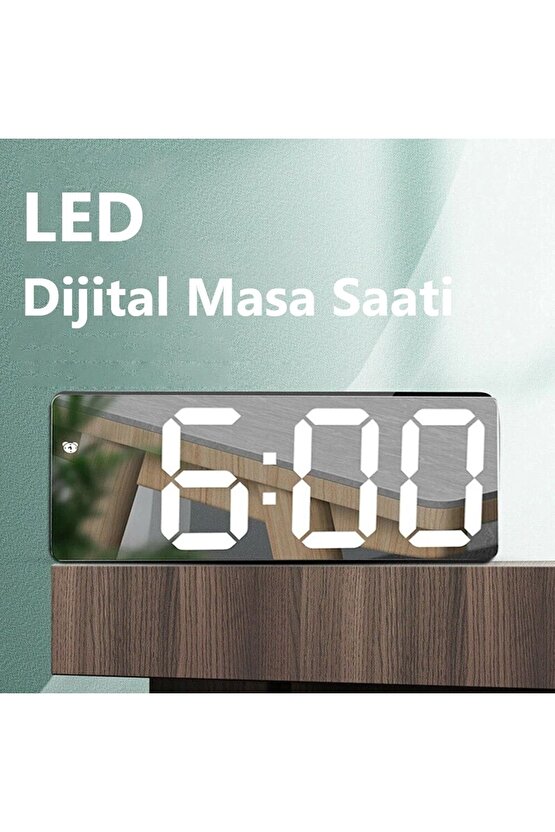Masa Saati Led Dijital Termometre Alarm Ses Kontrolü Aynalı Takvim Gece Modu