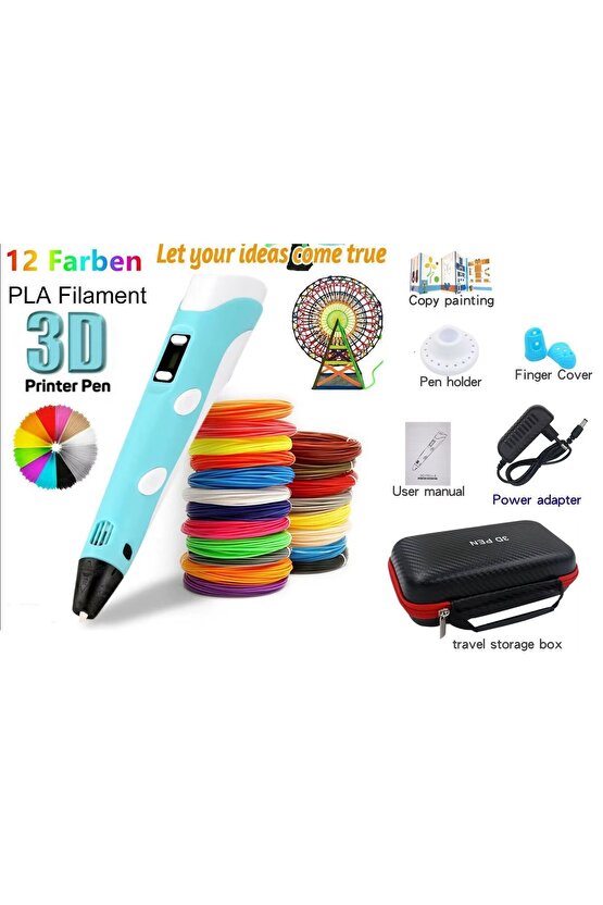 3D PEN KALEM YAZICI ÇANTALI MODEL 12X3 METRE FLAMENT ADAPTÖRLÜ LED EKRANLI 3 BOYUTLU KALEM PRİNTER