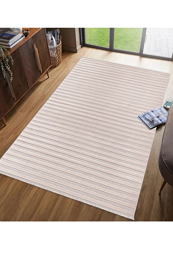 Kadife Bambu Dokuma Modern Kaymaz Salon Halısı Mutfak Halısı Koridor Halısı Yolluk Çizgi Bej