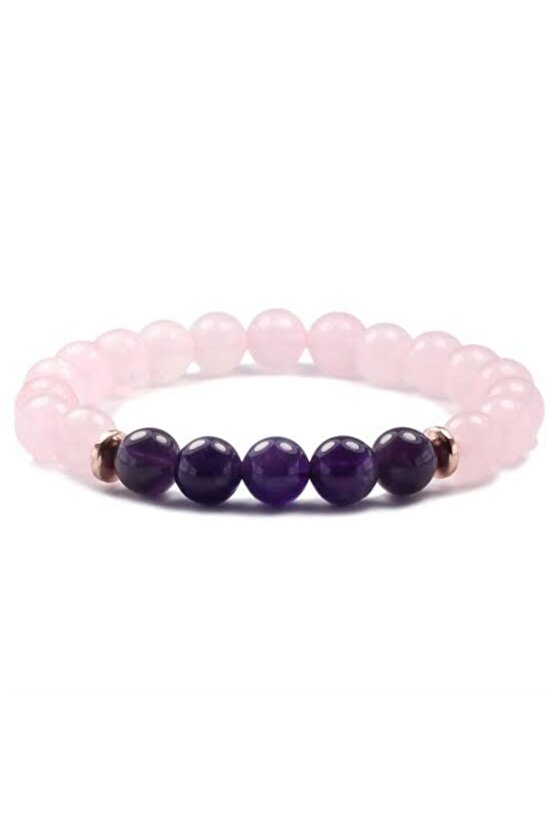 Ametist - Pembe Kuvars Doğal Taş Bileklik 8 Mm