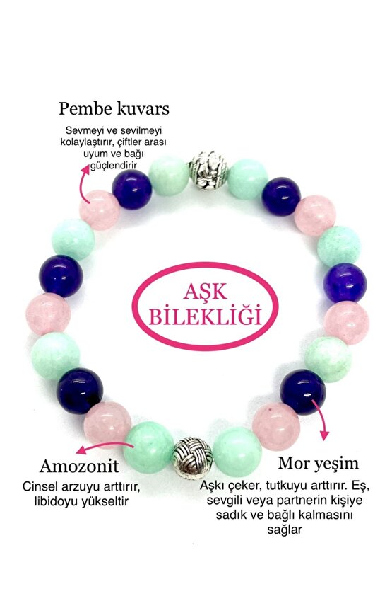 Unisex Doğaltaş Aşk Bilekliği (mor Yeşim Pembe Kuvars Amazonit Doğaltaş)
