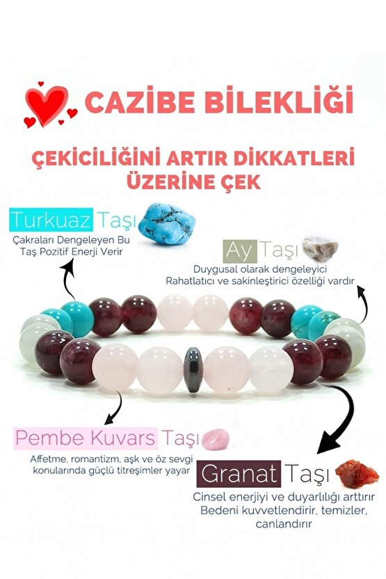 Cazibe Bilekliği Pembe Kuvars Granat Aytaşı Turkuaz Doğal Taş Bileklik