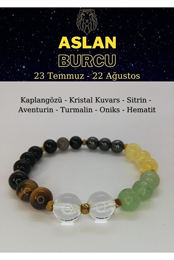 Aslan Burcu Doğaltaş Bileklik Kaplangözü, Sitrin, Aventurin, Hematit, Turmalin, Oniks,kristal Kuvars