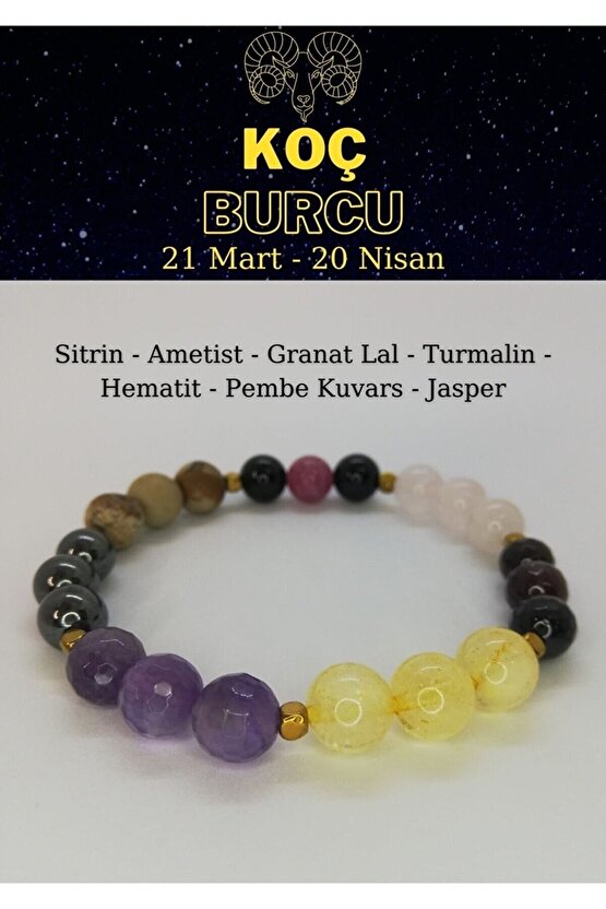 Koç Burcu Doğaltaş Bileklik Ametist, Sitrin, Hematit, Jasper, Pembe Kuvars, Turmalin, Granat Lal