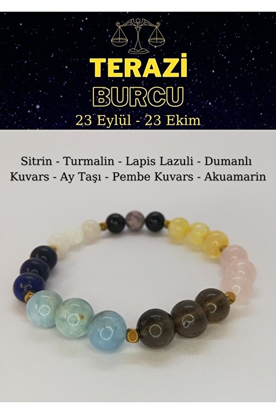 Terazi Burcu Bileklik Lapislazuli, Turmalin, Sitrin, Akuamarin, Pembe Kuvars, Aytaşı, Dumanlı Kuvars