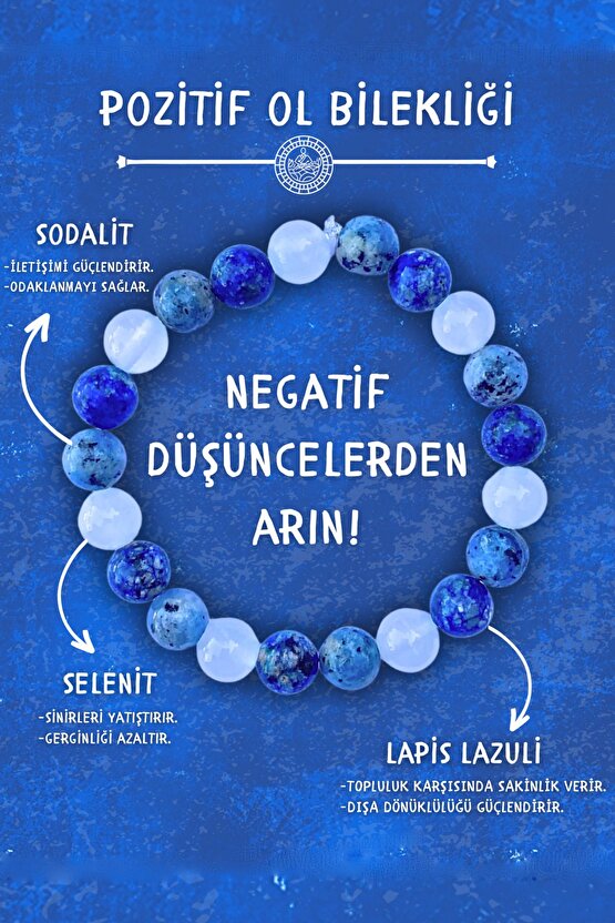 Pozitif Ol Doğal Taş Tılsım Bilekliği Düz 8mm (Lapis Lazuli, Sodalit, Selenit Taşı) Chi-Zen Bileklik