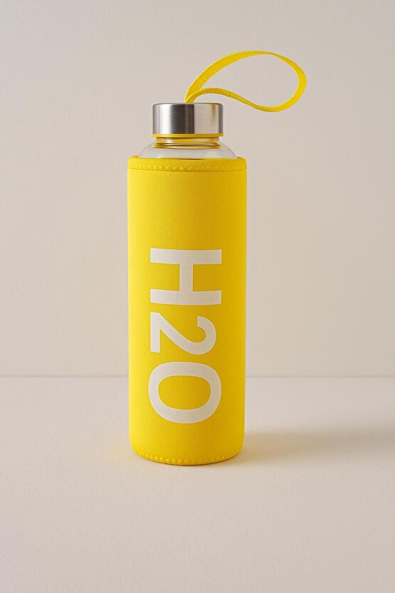 Sarı 600 ml Cam Matara Neopren Kılıflı Sızdırmaz Kapaklı Su Şişesi