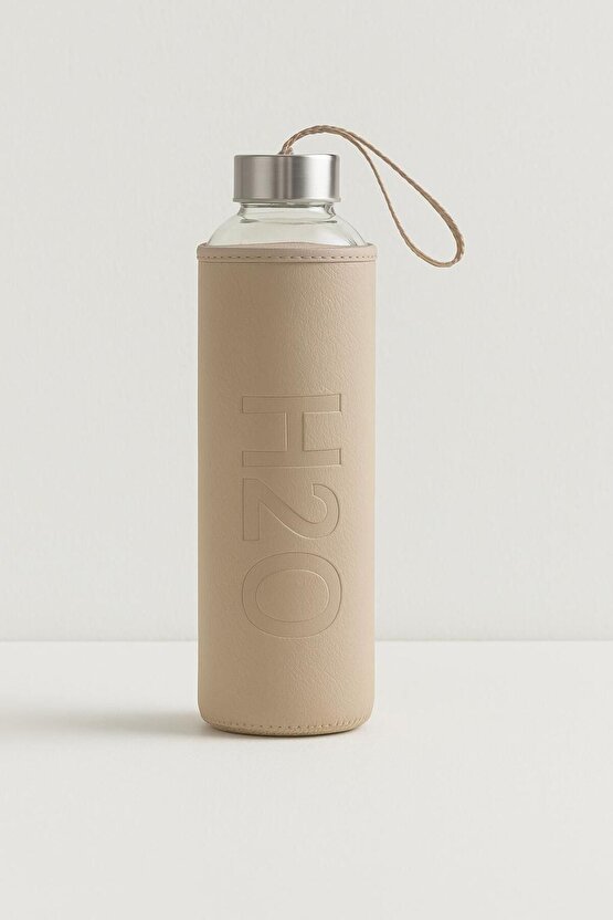 500 ml Bej Deri Kılıflı Cam Su Matarası