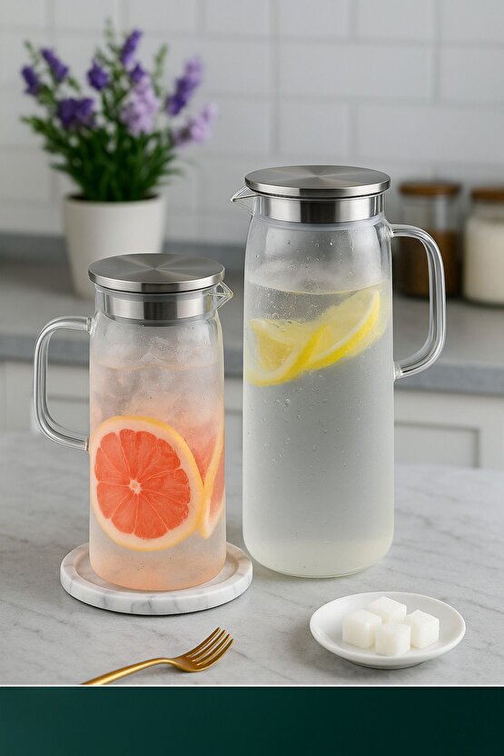 1500 ml Borosilikat Cam Su Sürahisi - Metal Kapaklı ve Isıya Dayanıklı