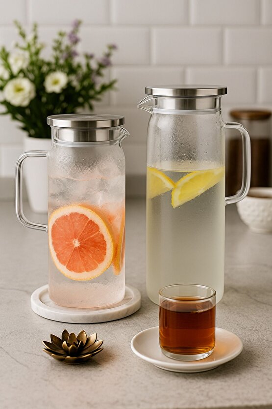 1500 ml Borosilikat Cam Su Sürahisi - Metal Kapaklı ve Isıya Dayanıklı