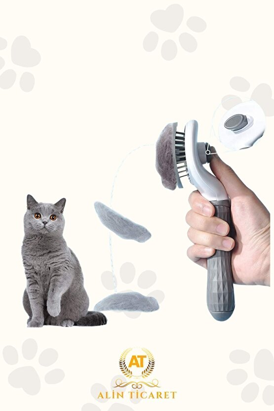 Otomatik Temizlenen Tuşlu Evcil Hayvan Fırçası Kedi Köpek Tüy Toplayıcı Tarak Gri