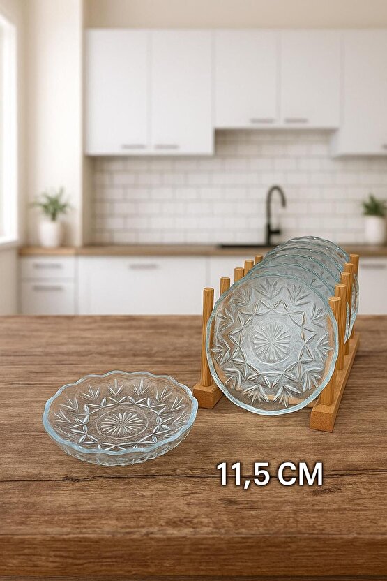6’lı Kristal Desenli Cam Çay Bardağı Altlığı Seti