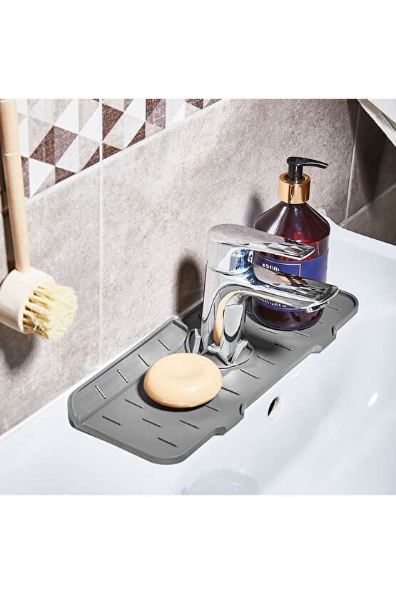 25 x 30 Oluklu Silikon Lavabo Musluk Matı - Antrasit Silikon Gri