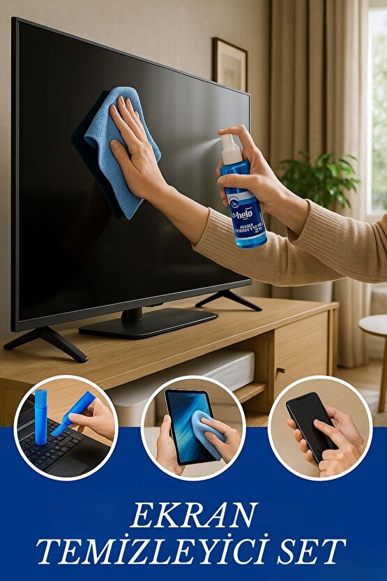 3 PARÇA Ekran Temizleme Sprey Seti – Mikrofiber Bezli ve Fırçalı 3’lü Temizlik Kiti