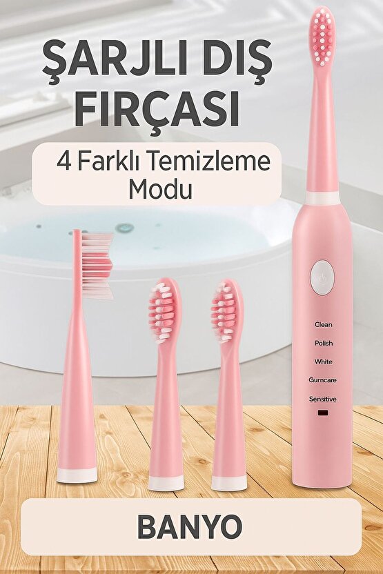 Şarjlı 5 Kademeli Pembe Elektrikli Diş Fırçası – 4 Başlık ve USB Şarj Kablosu Dahil