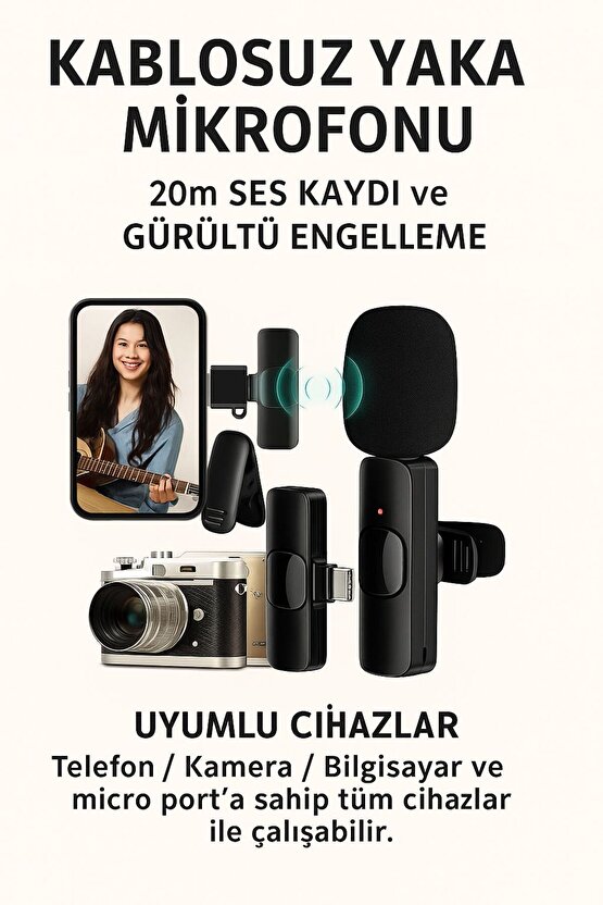 Kablosuz Yaka Mikrofonu – Gürültü Engelleyici, 20 Metre Menzilli