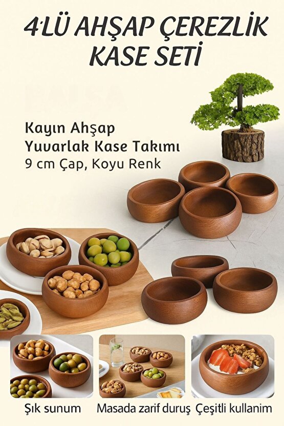 4’lü Kayın Ahşap Yuvarlak Çerezlik Kase Seti – Koyu Renk (9 cm)