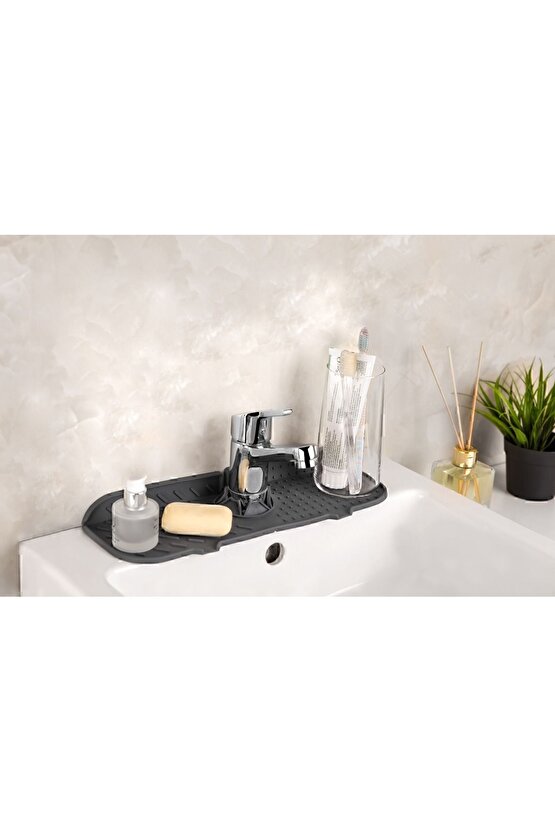 Main Shop Gri Su Tutucu Musluk Matı Mutfak Banyo Koruyucu Musluk Lavabo Bulaşık Süngeri Matı M-154