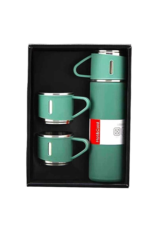 Paslanmaz Çelik Termos Sızdırmaz Yeşil 3 Bardaklı Termos Seti 12 Saat Sıcak-soğuk 500 ml Özel Kutulu