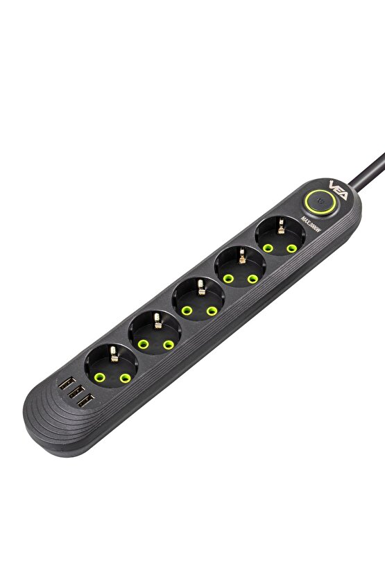 VA-21561 5Lİ 1.5 METRE KABLOLU 3 USBLİ SİYAH AKIM KORUMALI PRİZ