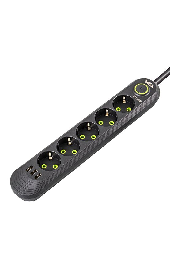 GLDRK 5Lİ 1.5 METRE KABLOLU 3 USBLİ SİYAH AKIM KORUMALI PRİZ BAKIR KABLO HARİCİ GÜÇ ANAHTA