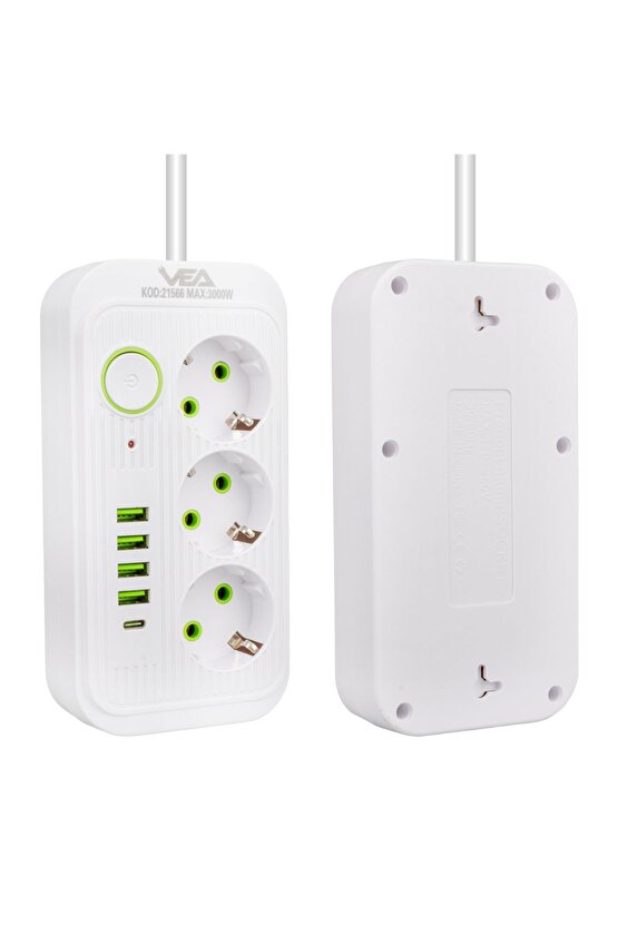3lü 1.5 Metre Beyaz 4 Usb 1 Typ-c Şarjlı Uzatma Akım Korumalı Priz