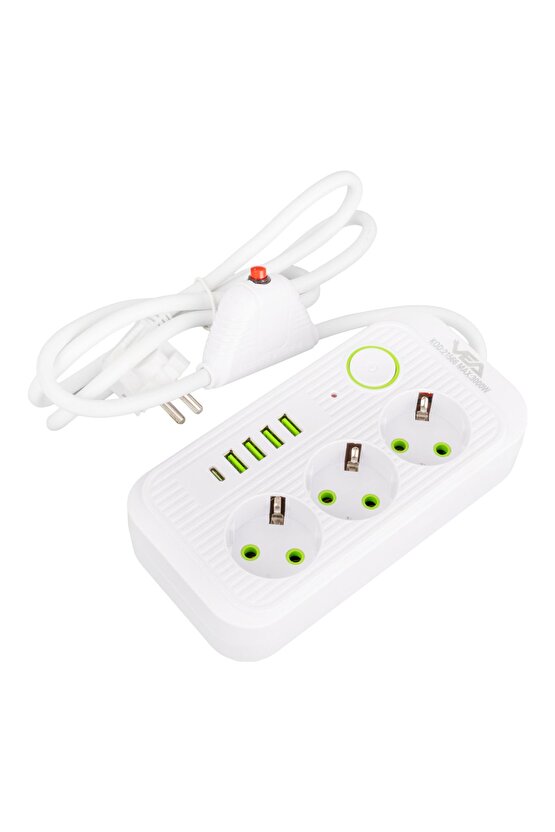 3lü 1.5 Metre Beyaz 4 Usb 1 Typ-c Şarjlı Uzatma Akım Korumalı Priz
