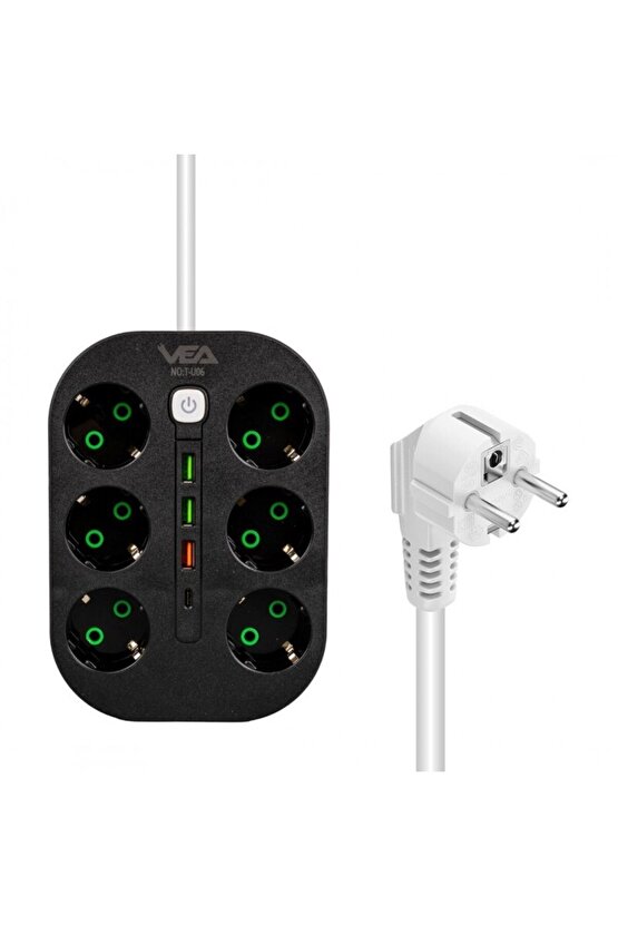 VE-22399 6lı 1.5 metre Kablolu Akım Korumalı Priz 3 x usb+Type-C