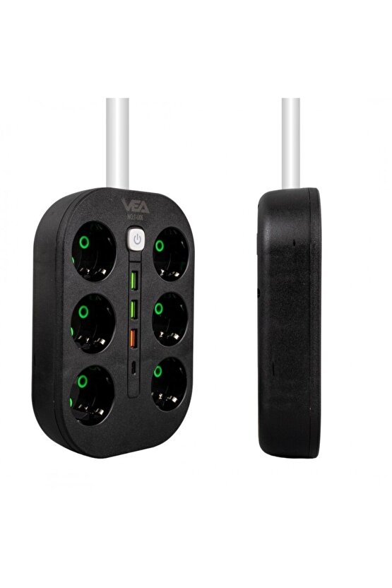 VE-22399 6lı 1.5 metre Kablolu Akım Korumalı Priz 3 x usb+Type-C
