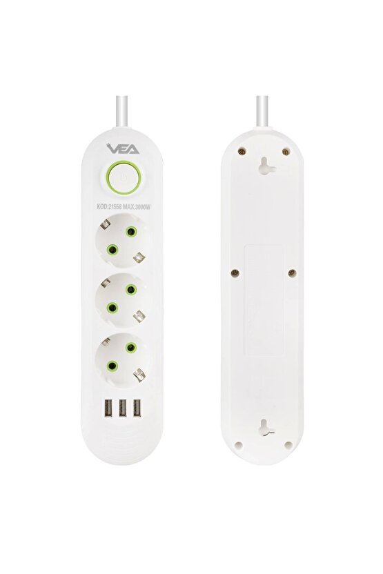 Beyaz Renkli 1.5 Metre Kablolu 3 USB Li Akım Korumalı Priz AXE4-X59C7