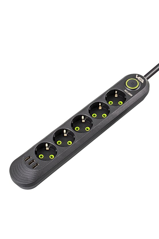 1.5 Metre Siyah Kablolu 3 USB Termal Akım Korumalı Gurup Priz BAM6-4SX9